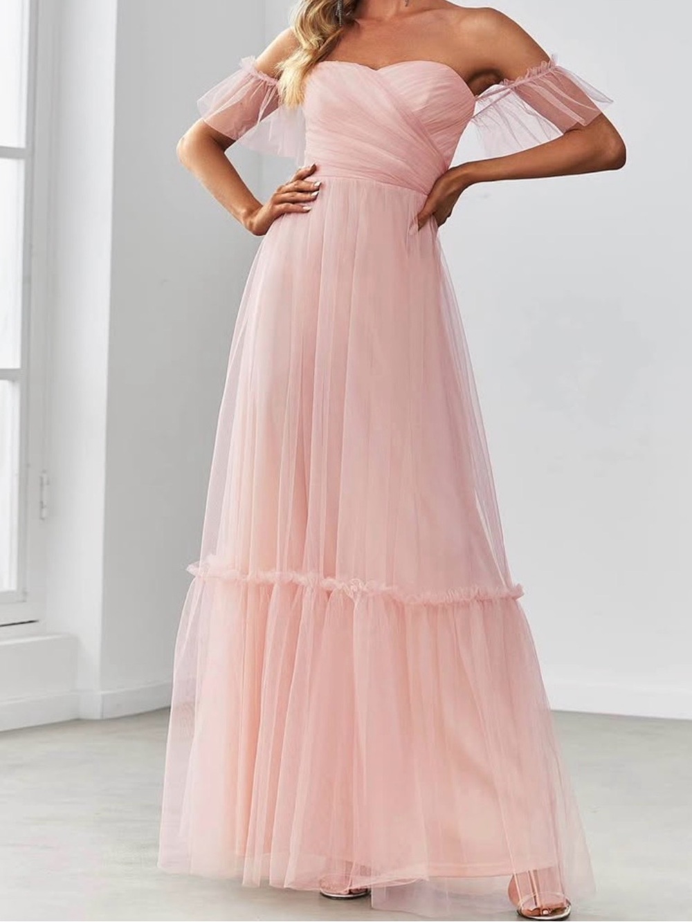 Ever Pretty Off-Shoulder Blush Pink Tulle Maxi Dress